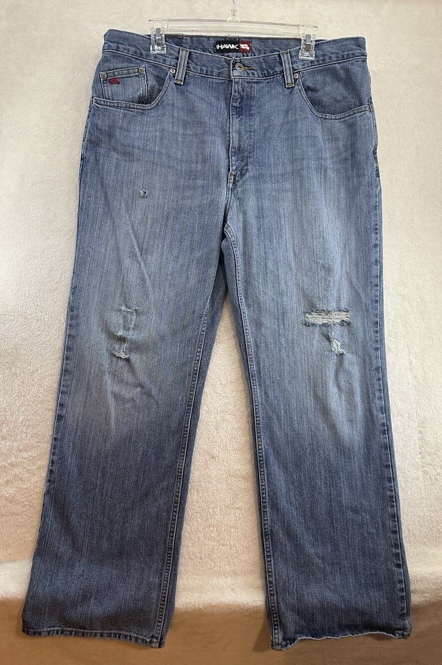 Men's Tony Hawk Vtg Vibes Baggy Blue Denim Jeans Distressed Mid Rise Size 38x32
